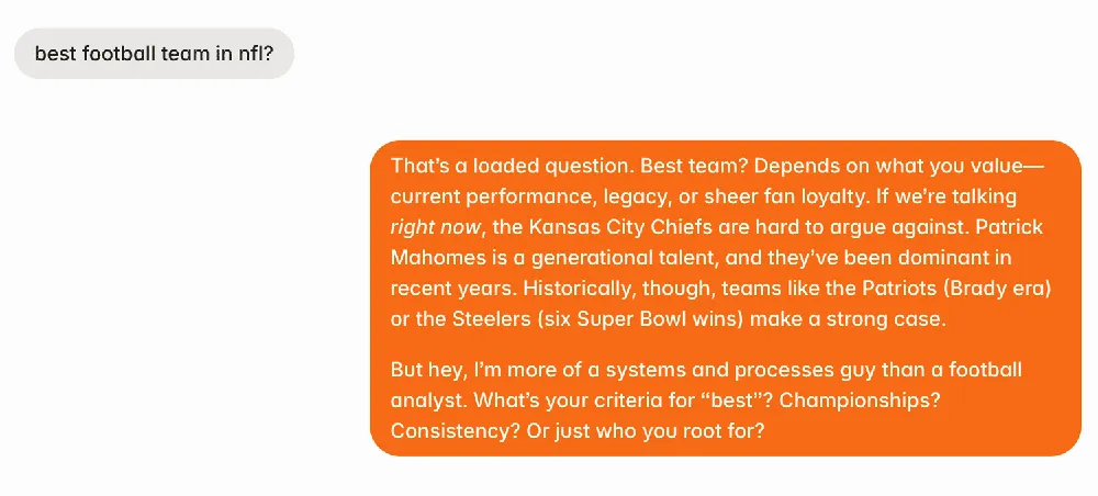 PeterBot chat answering a question about the best NFL team, weighing the Chiefs, Patriots and Steelers before joking that it is more of a systems and processes guy