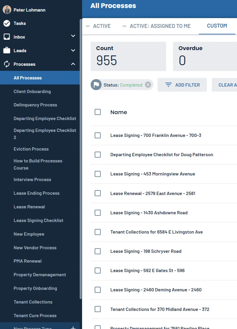 LeadSimple All Processes screen showing 955 completed processes at RL Property Management, such as lease signings, lease renewals and tenant collections