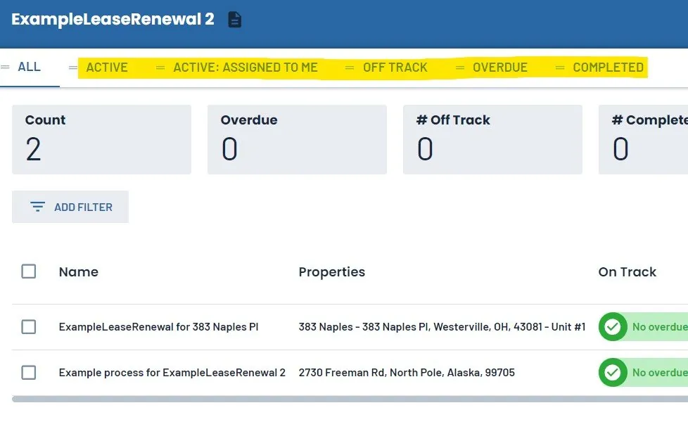 LeadSimple process list for ExampleLeaseRenewal showing two test processes, both on track, with the status filter tabs highlighted